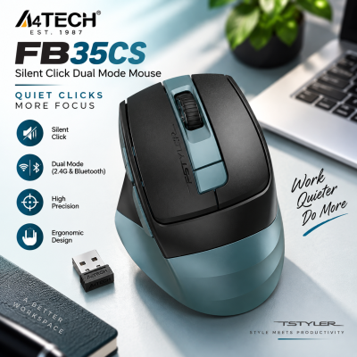 A4Tech FB35CS Silent Click Dual-Mode Wireless Mouse – Bluetooth & 2.4GHz, Type-C Rechargeable, Multi-Device Pairing, Up to 2000 DPI & Ergonomic Design